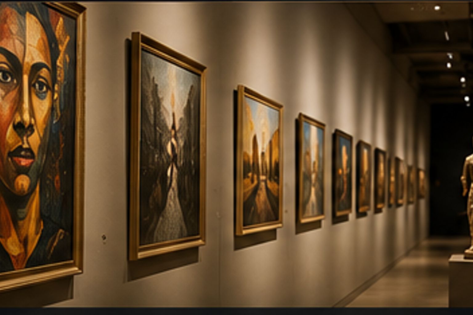 Gallery corridor with framed portraits and sculpture